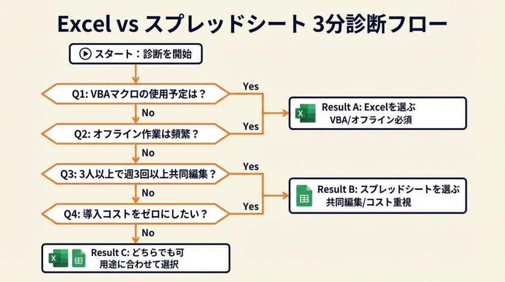 Excelかスプレッドシートかはこのフローで3分判断