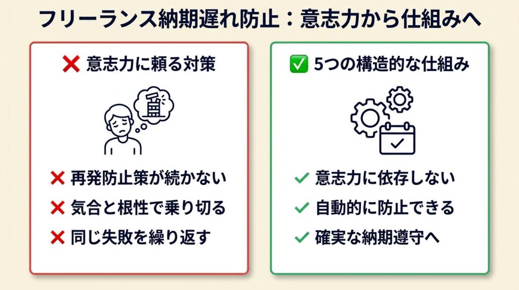 フリーランス納期遅れは5つの仕組みで防止