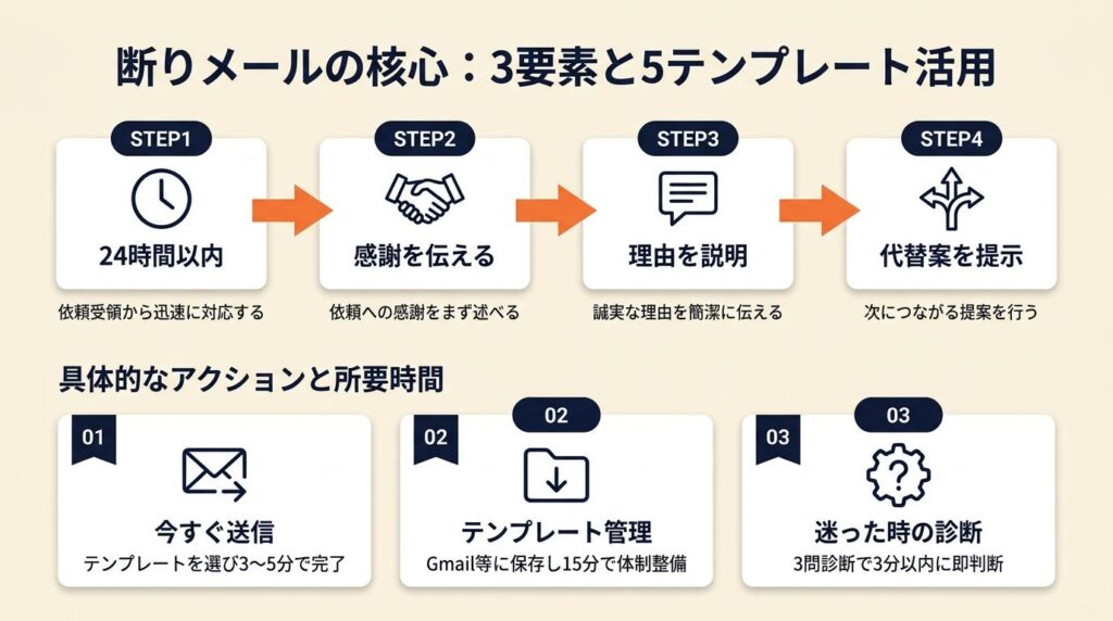 断りメールを使いこなす：3要素と5テンプレートで完結