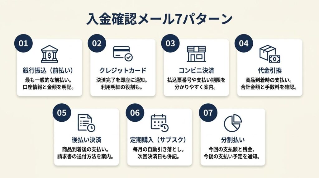 入金確認メールは7パターンで対応