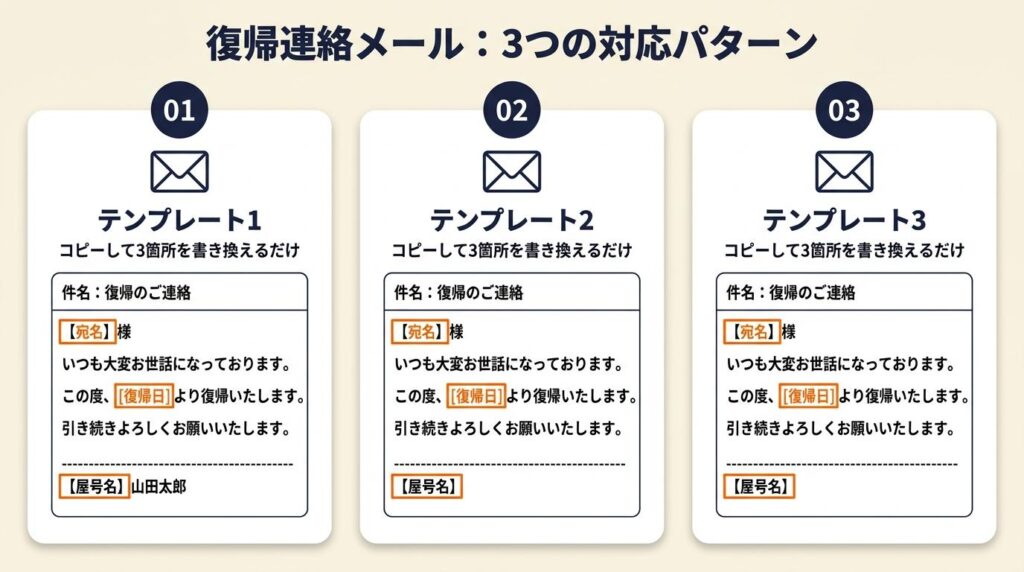 復帰連絡メールは3パターンで対応