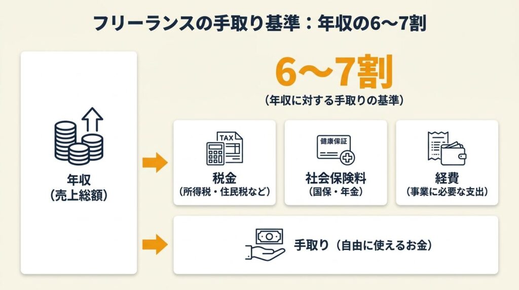 フリーランスの手取りは年収の6〜7割が基準
