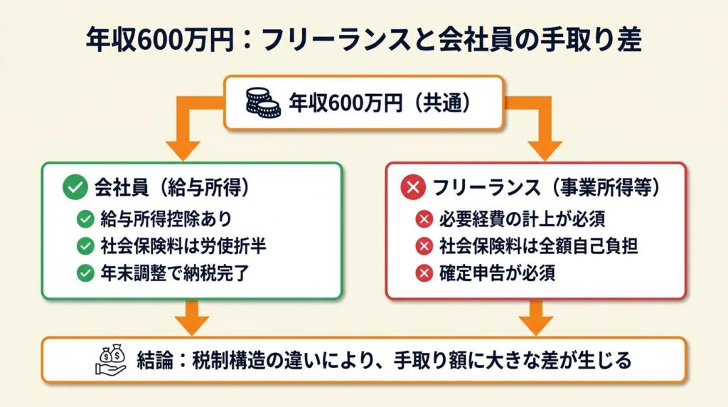 フリーランスと会社員は年収600万円で手取り差が発生