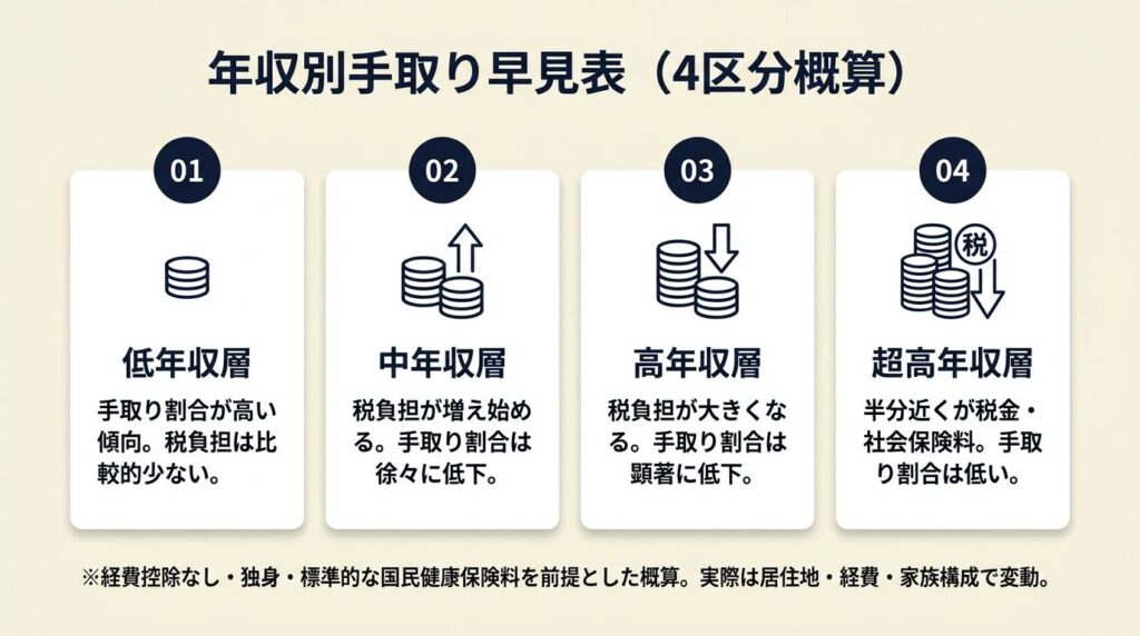 年収別手取り早見表は4区分で把握