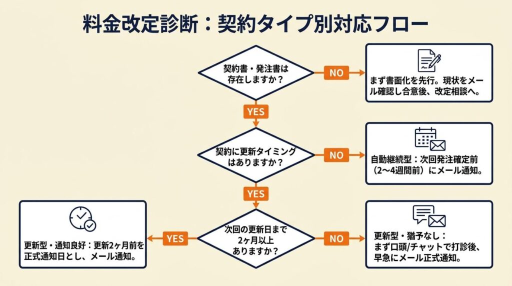 料金改定を3分で診断|契約タイプ別の対応フロー