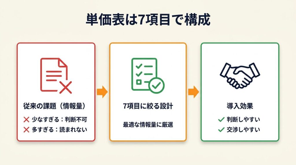 単価表の項目は7つで構成