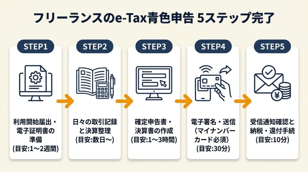 フリーランスのe-Tax青色申告は5ステップで完了