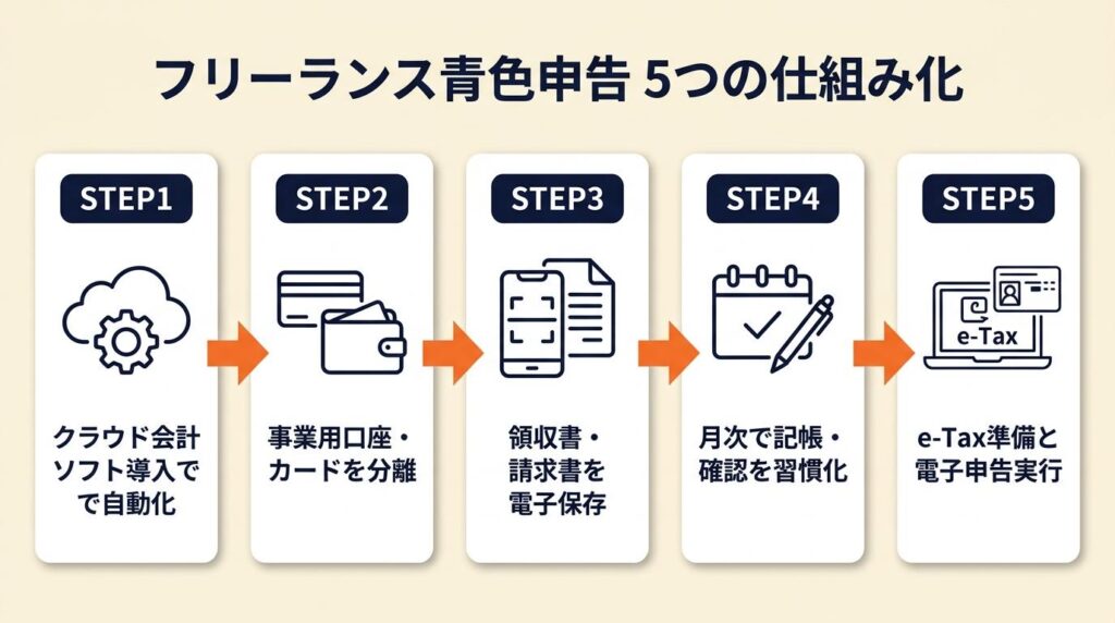 フリーランスのe-Tax青色申告管理は5つの仕組みで解決