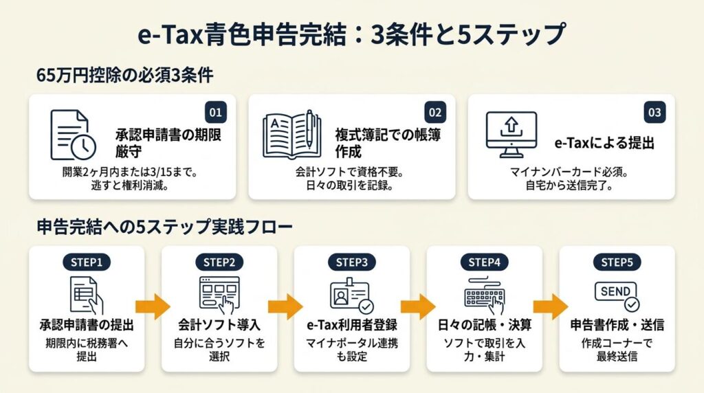 e-Tax青色申告を今年完結させる:3条件の徹底と5ステップの実践