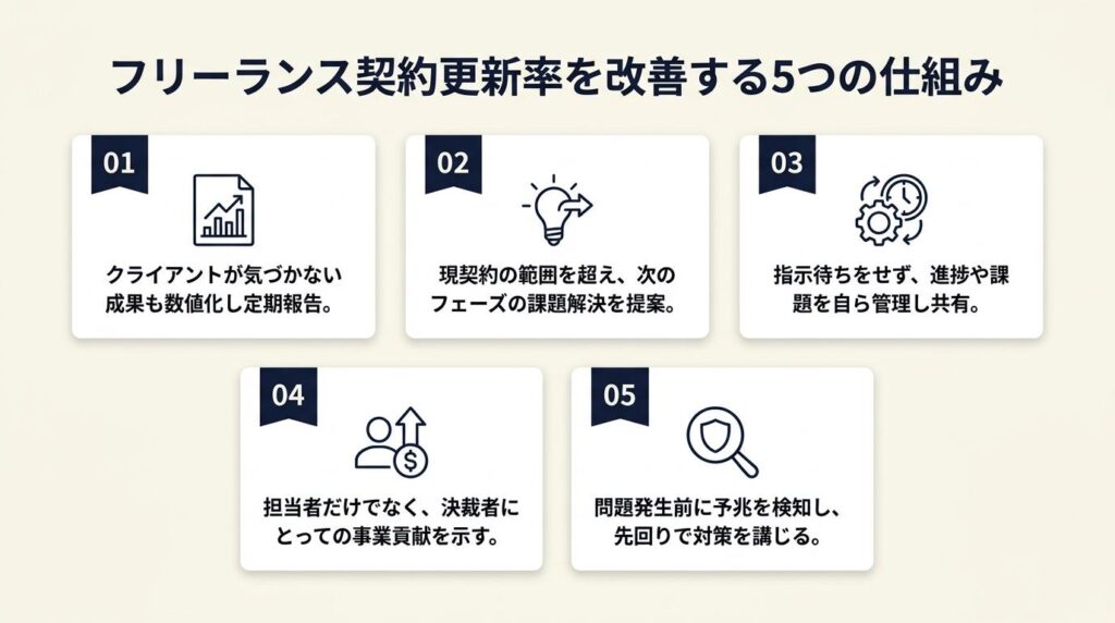 フリーランス契約更新率は5つの仕組みで改善