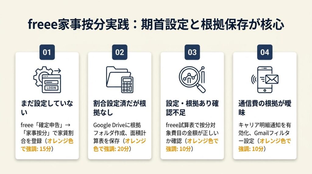 freee家事按分を実践する：期首設定と根拠保存が核心