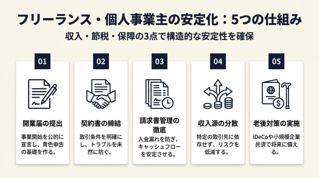 フリーランス・個人事業主は5つの仕組みで安定