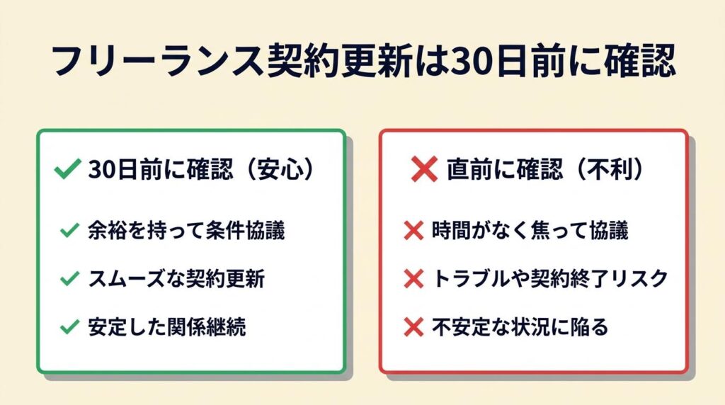 フリーランス契約更新は30日前に確認で安心