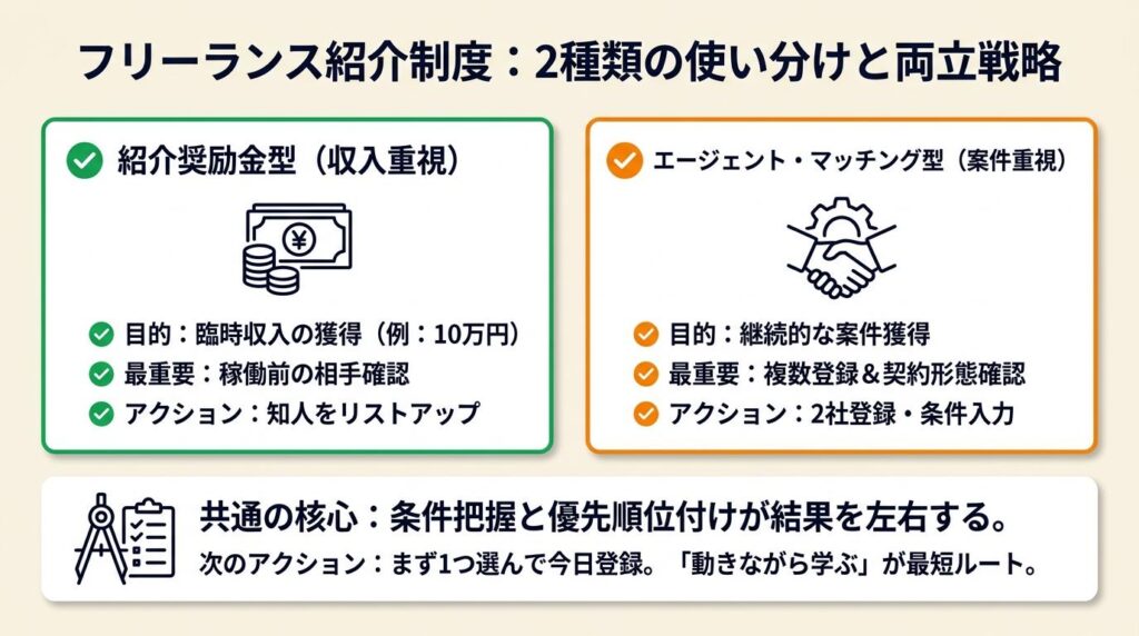 フリーランス紹介制度は2種類で使い分け：収入と案件獲得を両立する