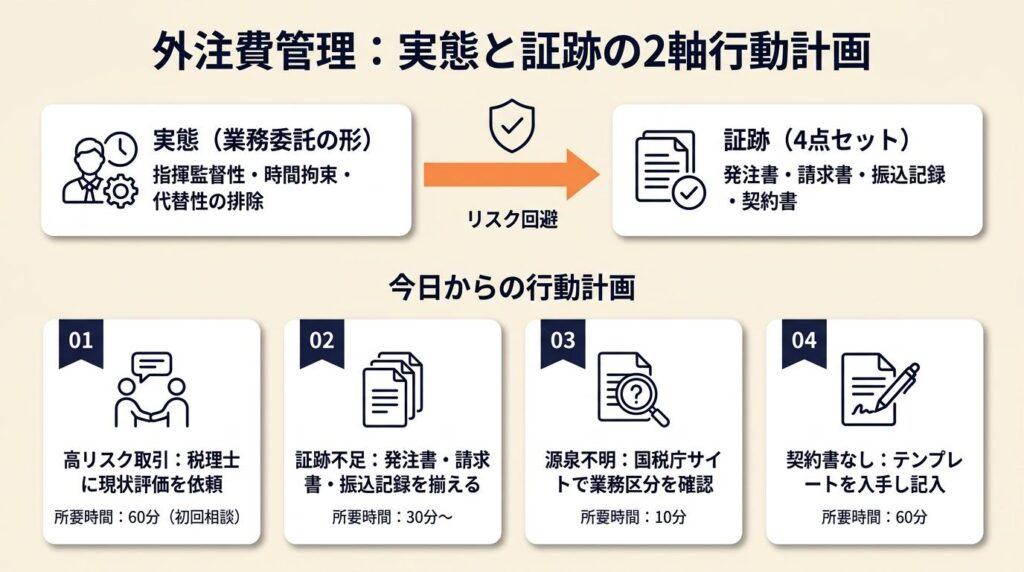 外注費は実態と証跡の2軸で管理：今日からの行動計画