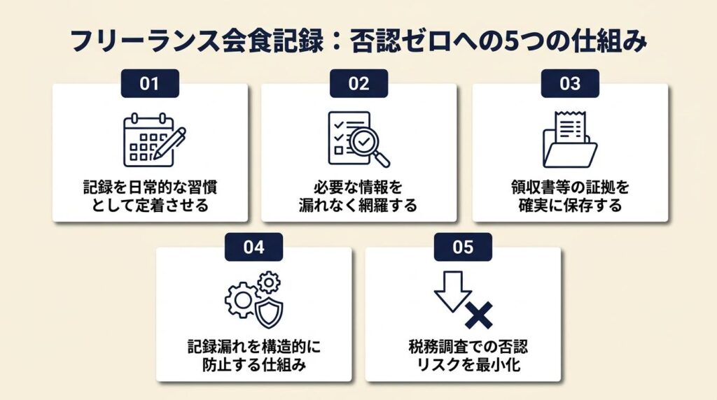 フリーランス会食の記録は5つの仕組みで否認ゼロを目指す