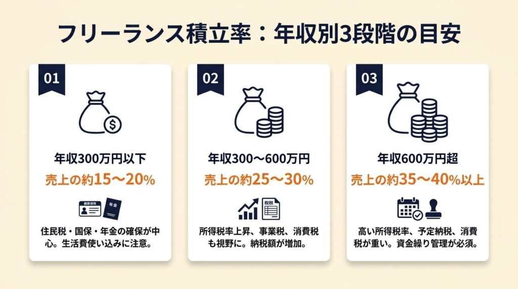 フリーランスの積立率は年収帯で3段階