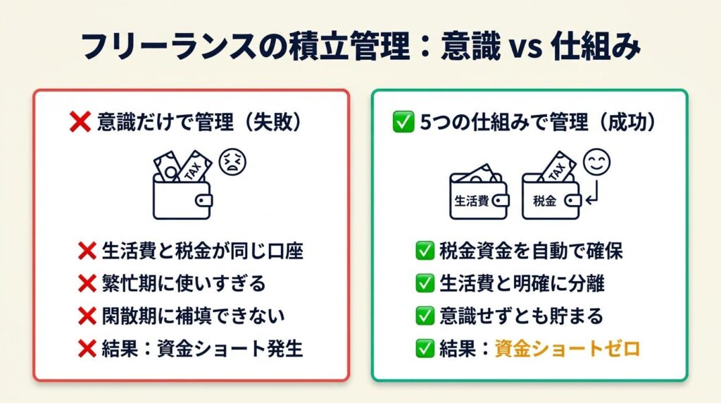 フリーランスの積立管理は5つの仕組みで資金ショートをゼロにする