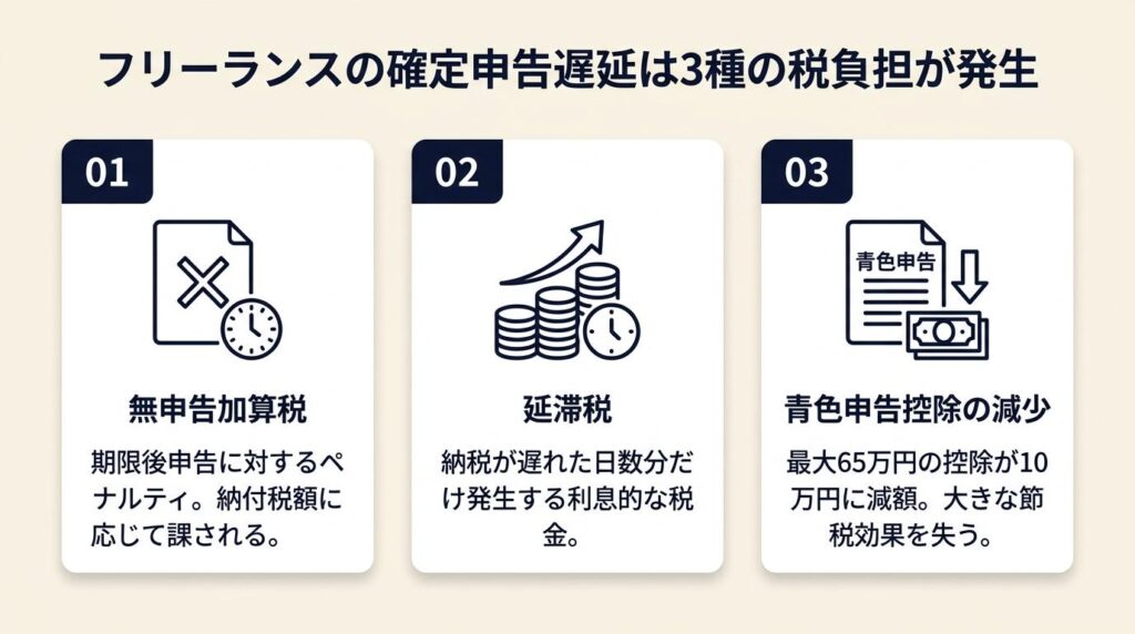 フリーランスの確定申告遅延は3種の税負担が発生