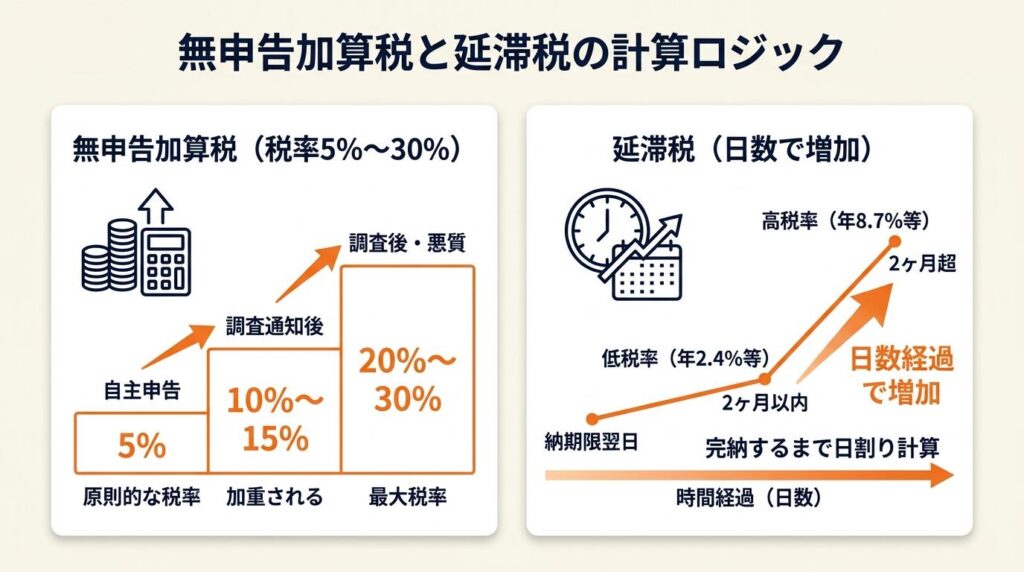 無申告加算税は5%〜30%・延滞税は日数で増加