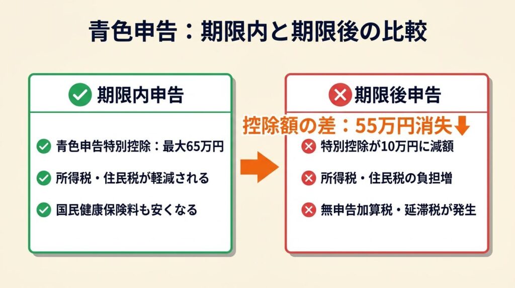 青色申告は期限後申告で控除が55万円消える