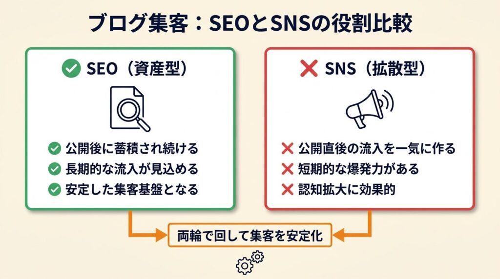 ブログ集客はSEOとSNSの2役で仕事を積み上げる
