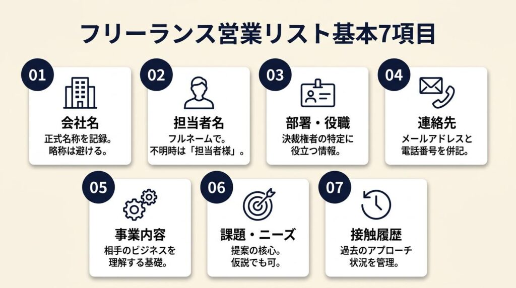 フリーランス営業リストは7項目が基本セット