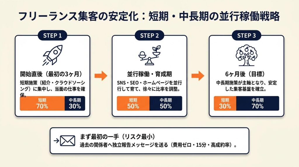 フリーランス集客を安定させる：短期と中長期の並行稼働