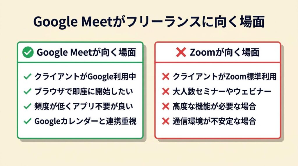 Google MeetはフリーランスにZoomより向いている場面が多い