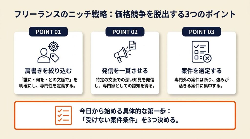 フリーランスのニッチ戦略を実行する:価格競争を脱出する3つのポイント