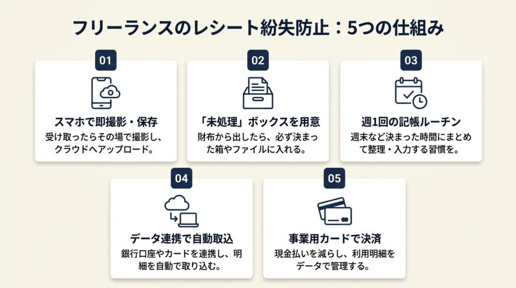 フリーランスのレシート紛失は5つの仕組みで防止