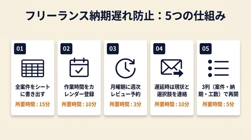 フリーランス納期遅れは5つの仕組みで防止