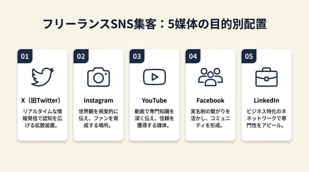 フリーランスのSNS集客は5媒体を目的別に配置