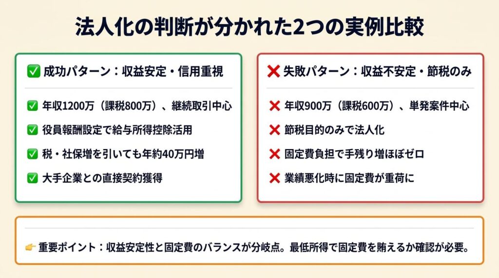 法人化の判断が分かれた2つの実例