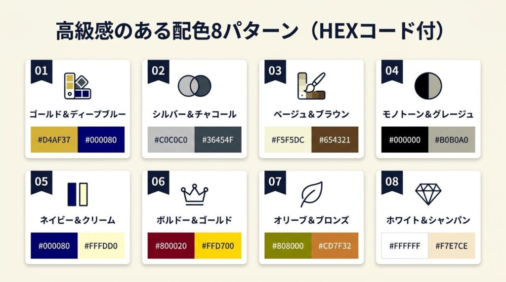 高級感のある配色は8パターンで網羅