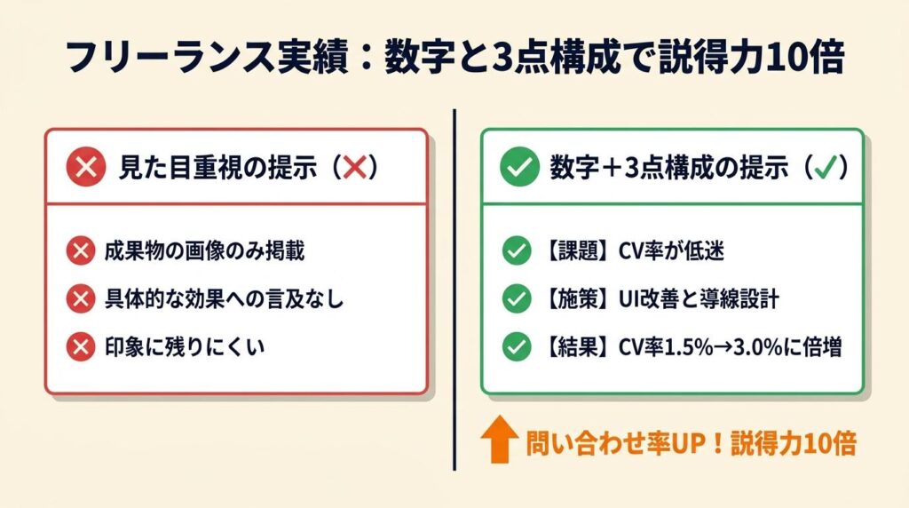フリーランス実績は数字と3点構成で説得力が10倍になる