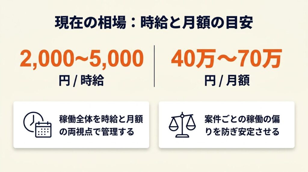 時給2,000〜5,000円・月額40万〜70万円が現在の相場