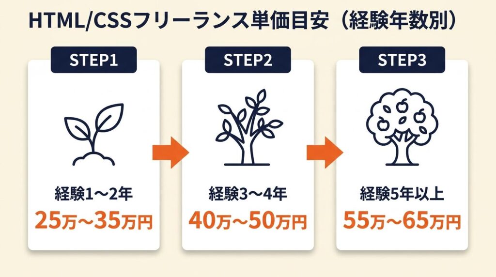 HTML/CSSフリーランス単価は経験年数で25万〜65万円が目安