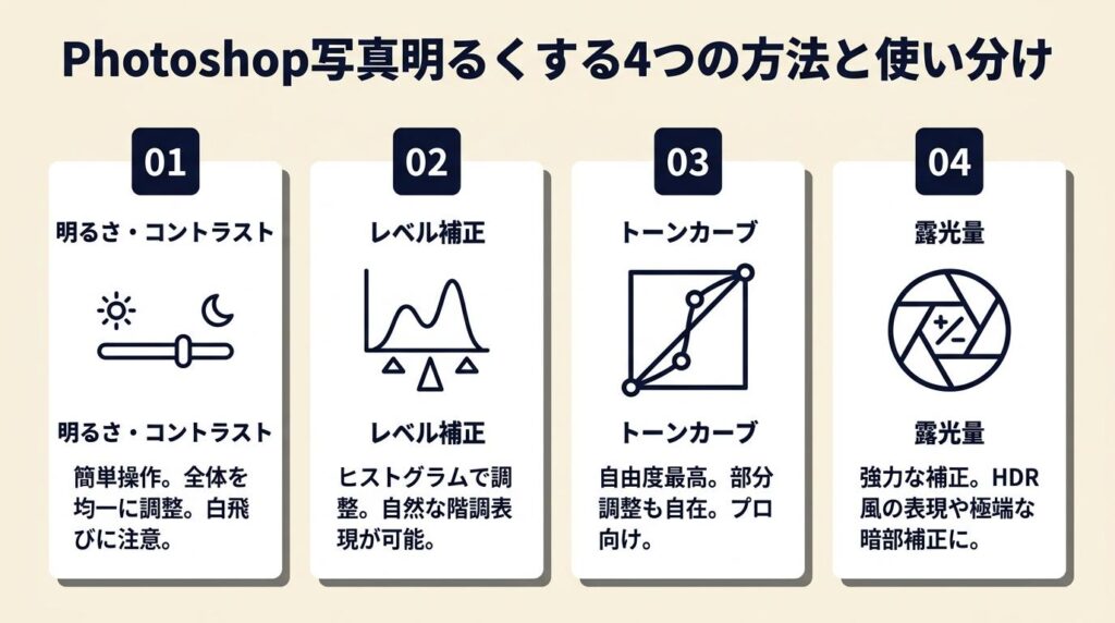 Photoshop写真明るくする4つの方法と使い分け