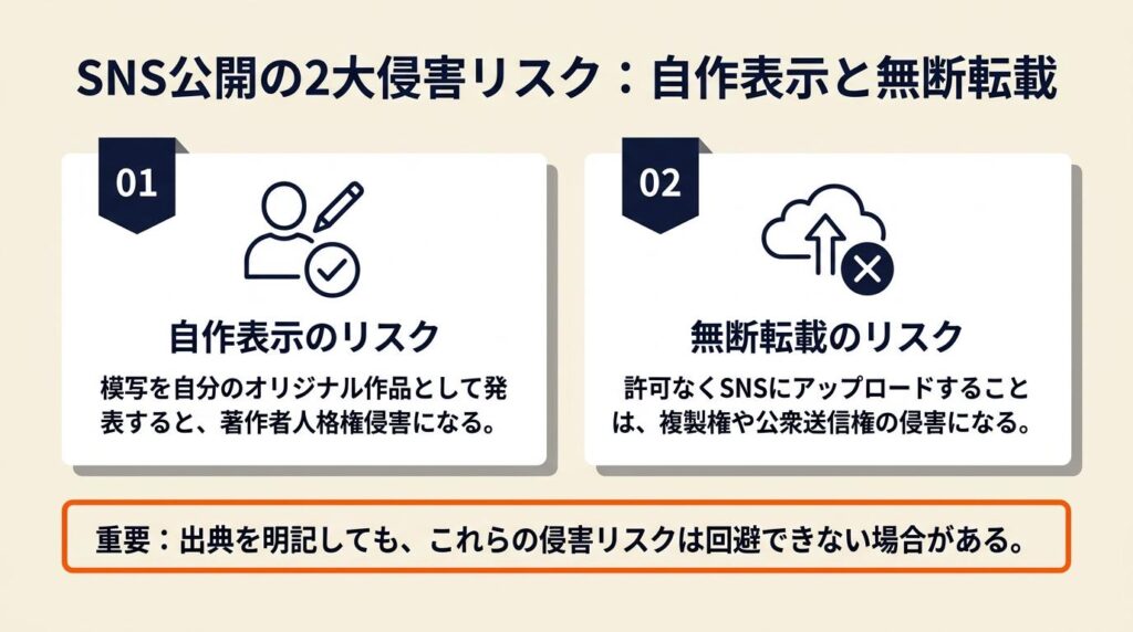 SNS公開は自作表示と無断転載の2点で侵害になる