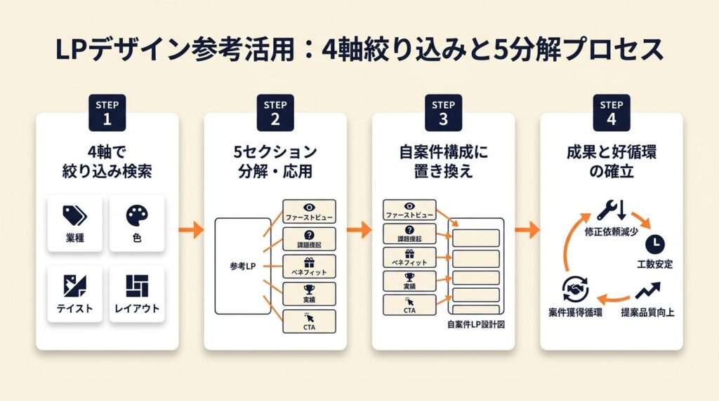 LPデザイン参考を活かす：4軸で絞り、5分解で成果につなぐ