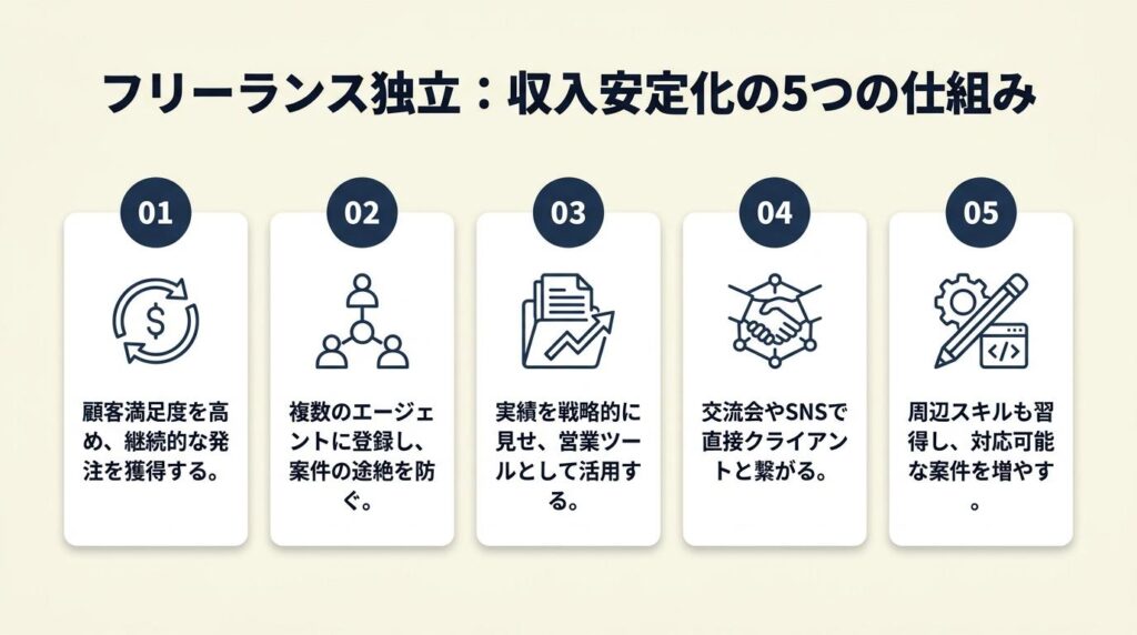 フリーランス独立は5つの仕組みで収入を安定化