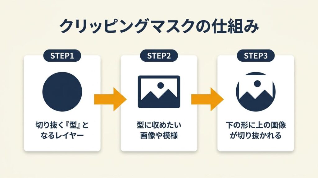 クリッピングマスクは下レイヤーの形に上画像を収める仕組み