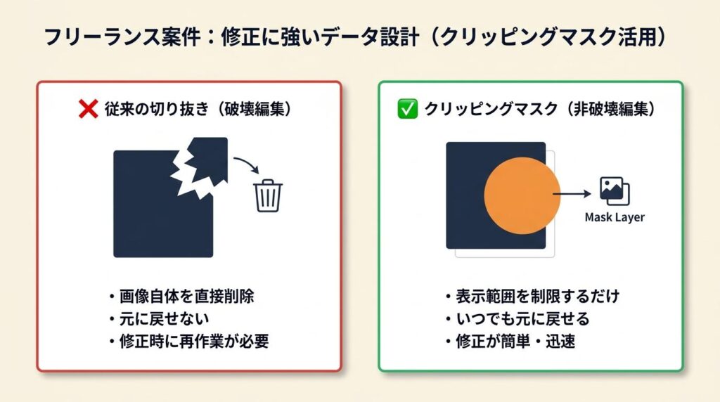 フリーランス案件はクリッピングマスクで修正しやすい設計にする