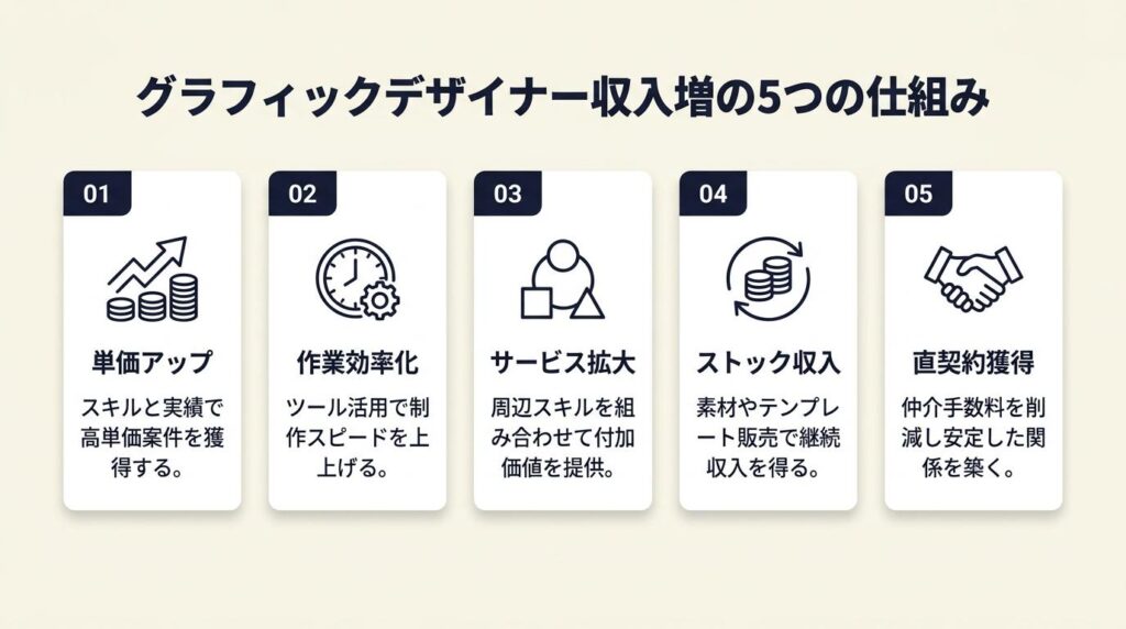 グラフィックデザイナーの収入は5つの仕組みで増やす