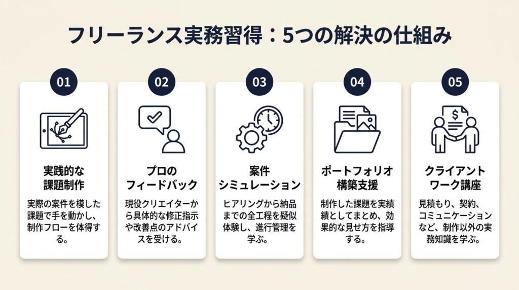 フリーランス実務習得は5つの仕組みで解決