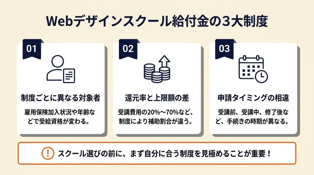 webデザインスクールの給付金は3制度が主軸