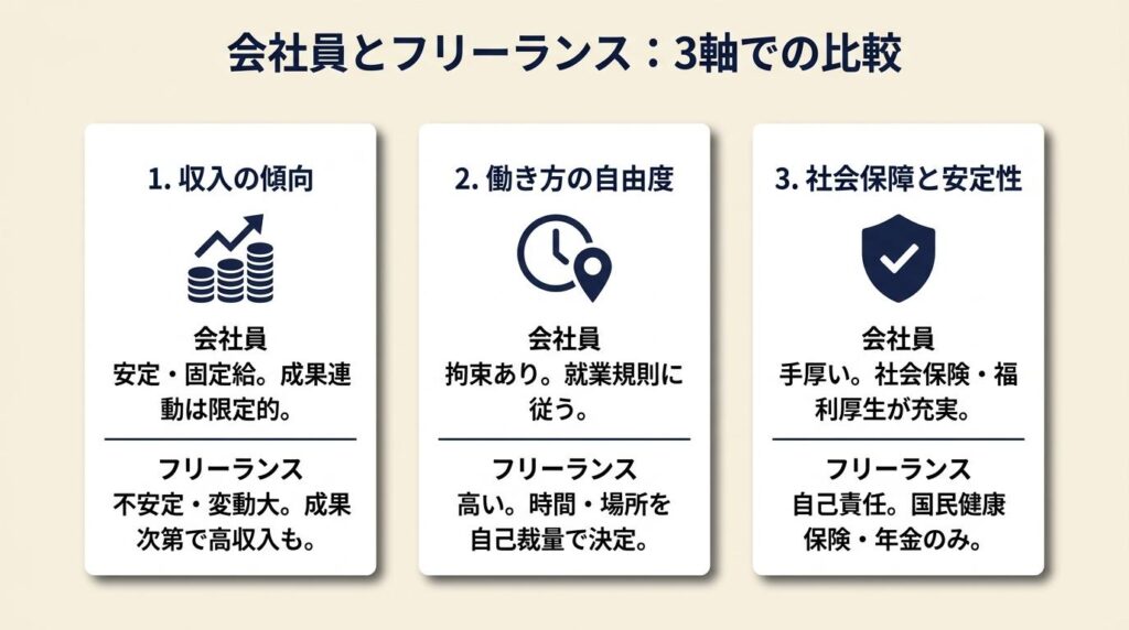 会社員とフリーランスは3軸で比較