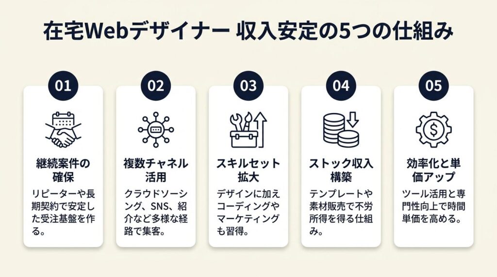 在宅Webデザイナーは5つの仕組みで収入を安定