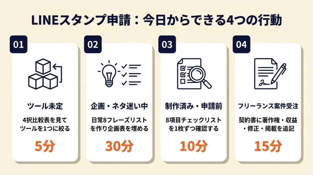 LINEスタンプは8枚と3規格で申請可能：今日からできる4つの行動